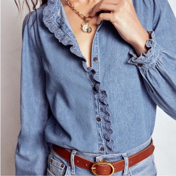 Boden Tops - Boden Denim Ruffle-Trim Button Down